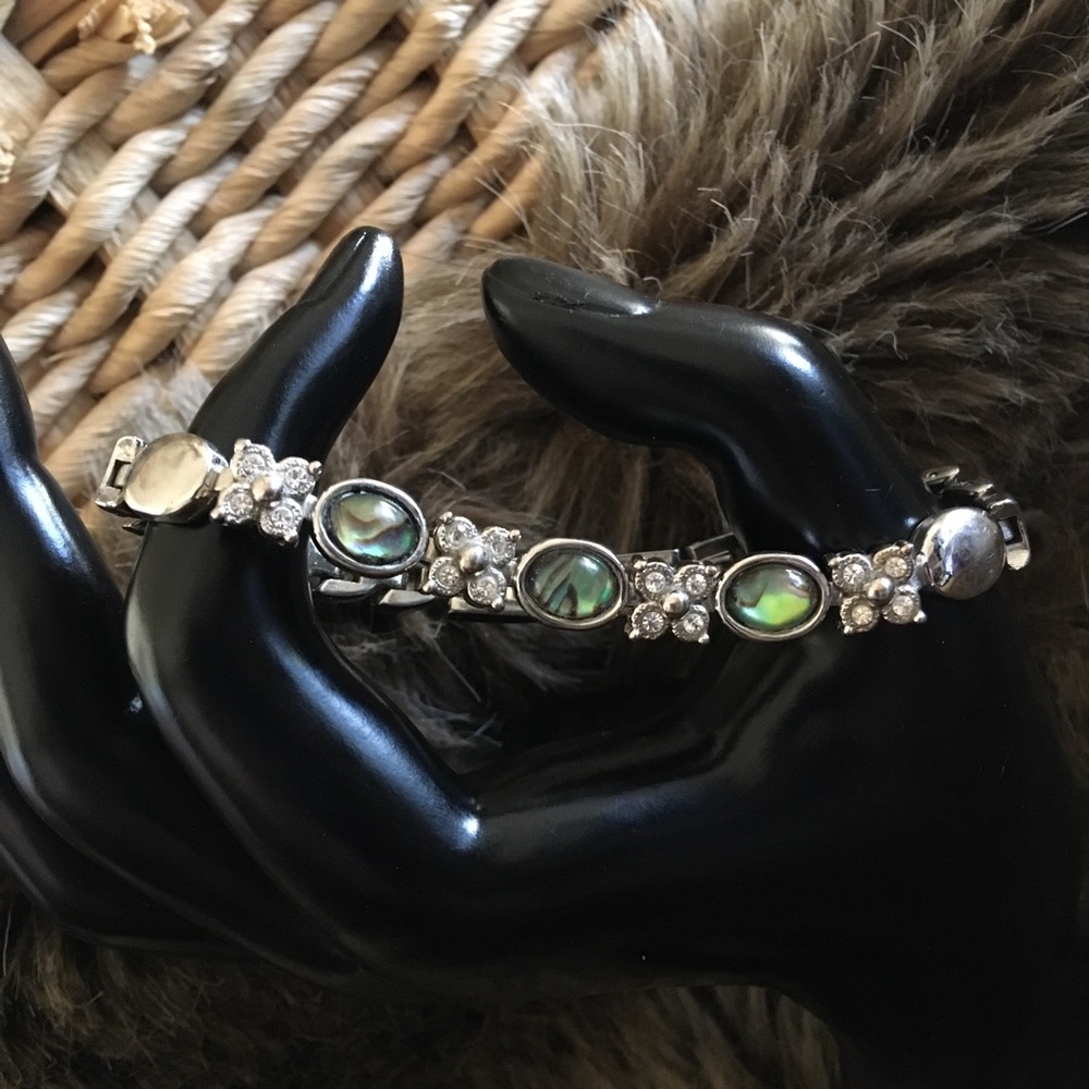 Glass cabochon abalone silver rhinestone bracelet